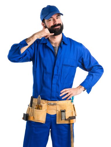 Plumber making phone gesture